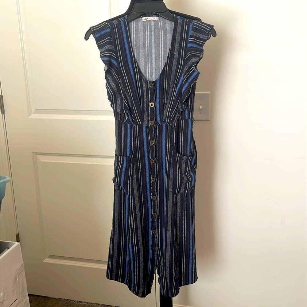 Jolt Navy Stripe Button Down Midi Dress With Pockets Size XS